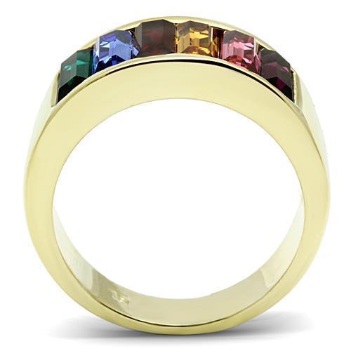 A collection of women’s stainless steel rings featuring synthetic crystals in various vibrant colors and IP gold plating.