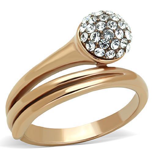 A stylish women's ring made of stainless steel with IP rose gold plating and clear synthetic crystals, showcasing elegance and durability.