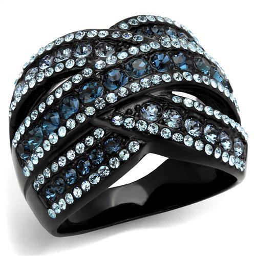 A stylish women's ring made of stainless steel with a synthetic crystal, featuring a sleek IP black ion plating finish.