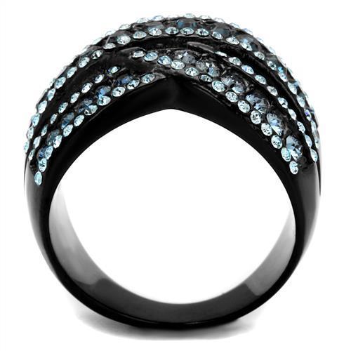 A stylish women's ring made of stainless steel with a synthetic crystal, featuring a sleek IP black ion plating finish.