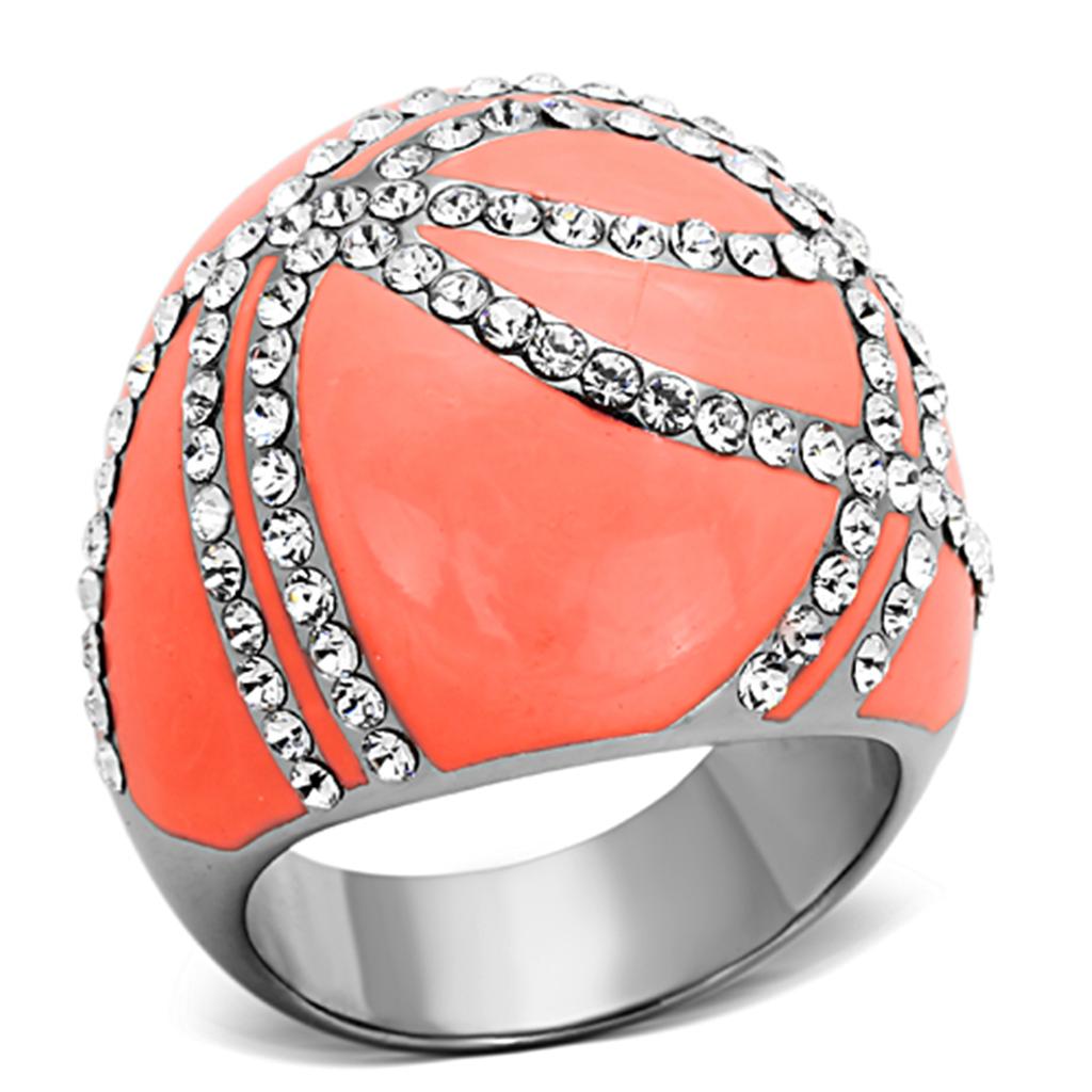 A beautiful women's stainless steel ring featuring clear synthetic crystals, showcasing a high-polished finish.