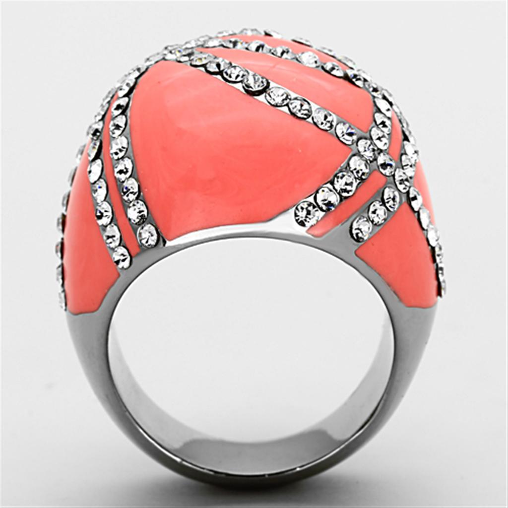 A beautiful women's stainless steel ring featuring clear synthetic crystals, showcasing a high-polished finish.