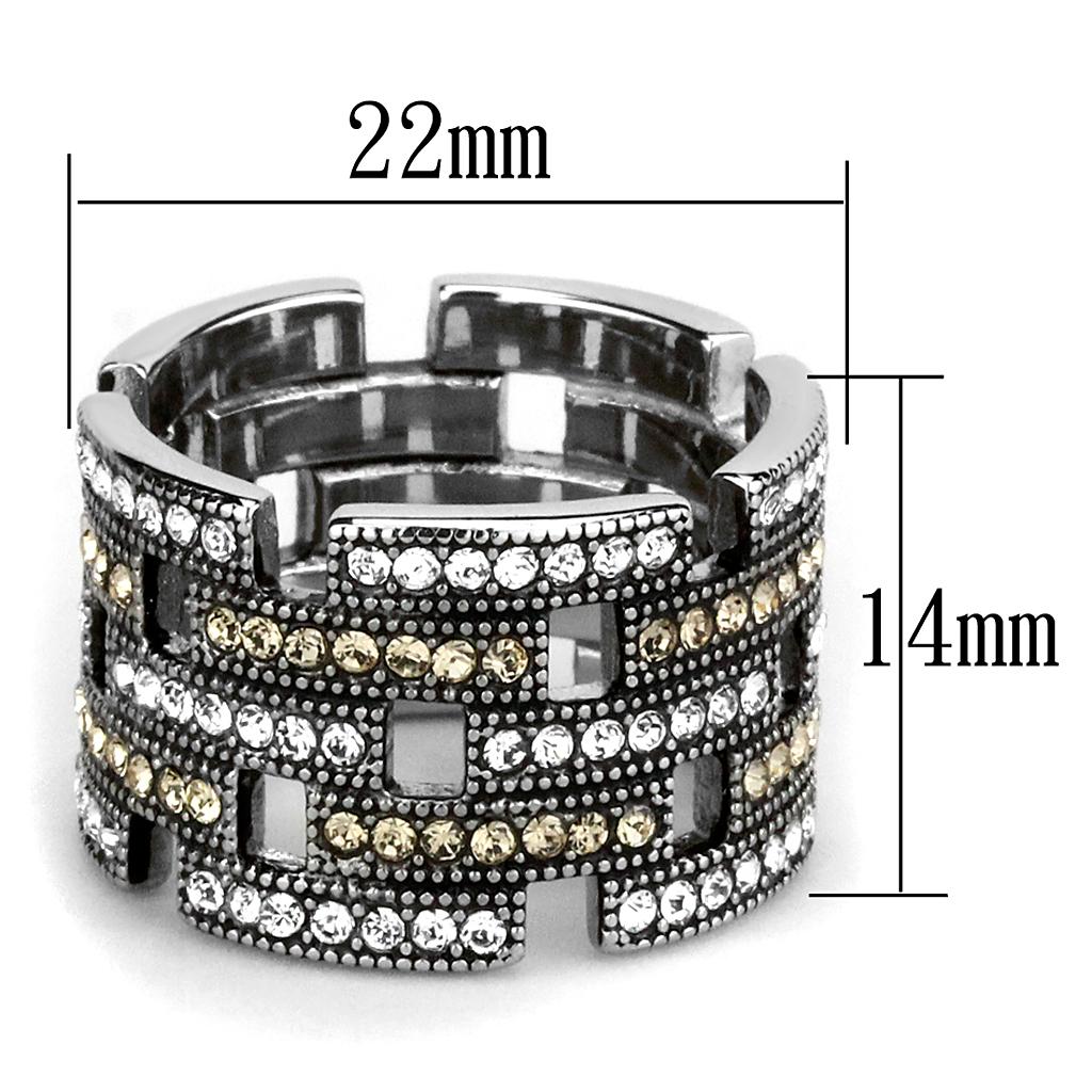 A collection of women’s stainless steel rings featuring high-polished bands and vibrant synthetic crystals in various colors.