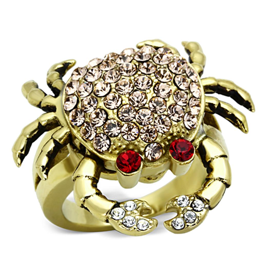 A collection of women’s stainless steel rings featuring synthetic crystals in various colors and IP gold plating.