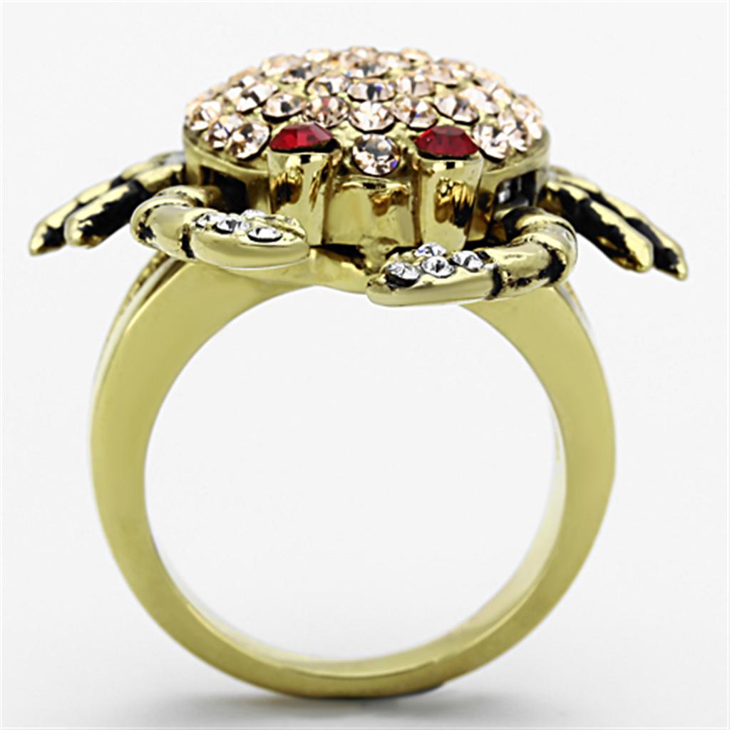 A collection of women’s stainless steel rings featuring synthetic crystals in various colors and IP gold plating.