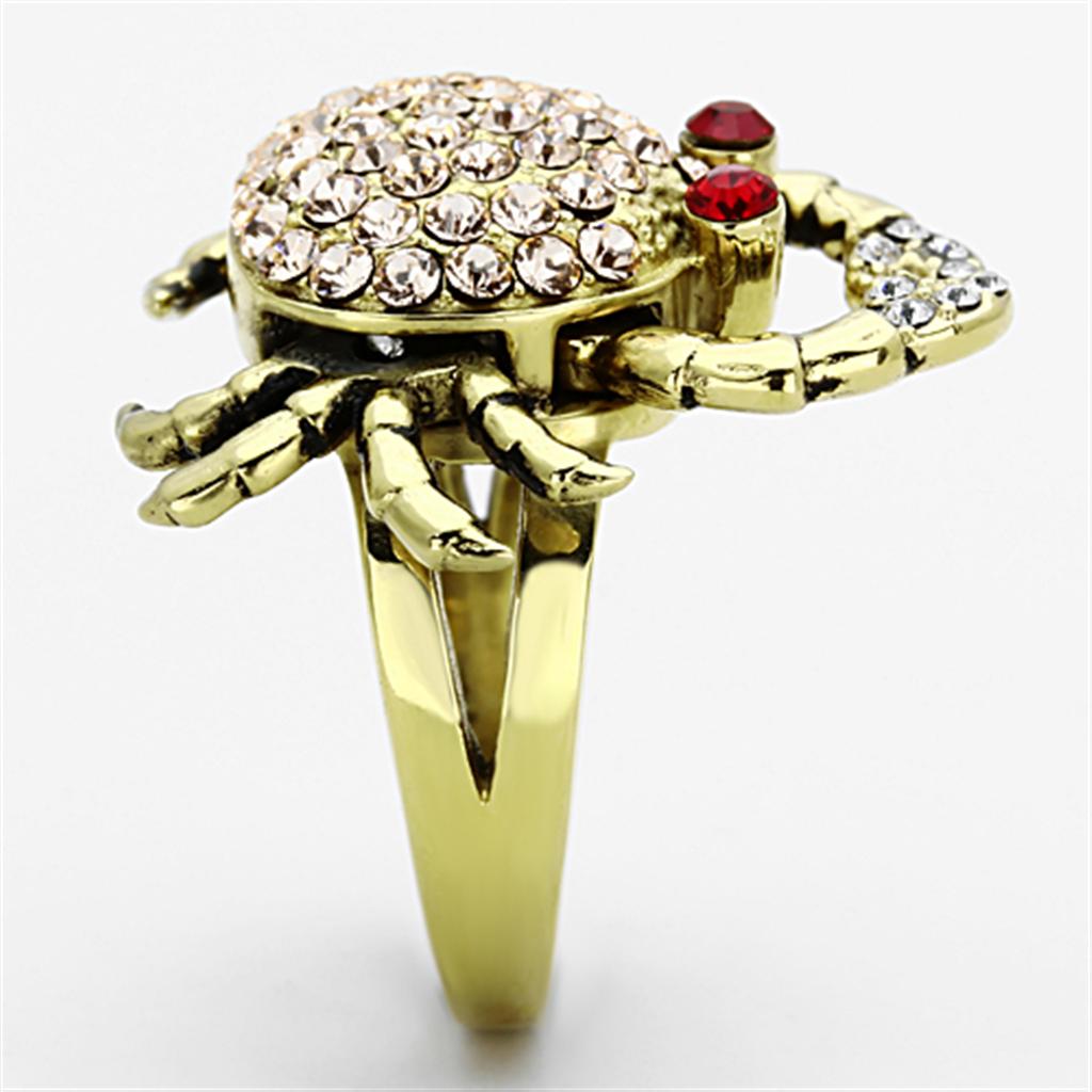 A collection of women’s stainless steel rings featuring synthetic crystals in various colors and IP gold plating.