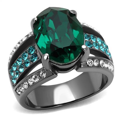 Elegant women’s stainless steel ring with synthetic emerald crystal in an oval shape and IP light black finish.