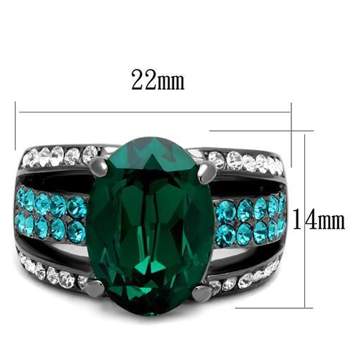 Elegant women’s stainless steel ring with synthetic emerald crystal in an oval shape and IP light black finish.