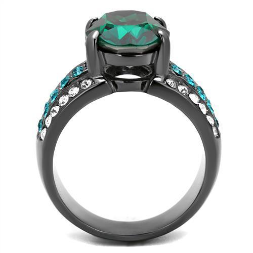 Elegant women’s stainless steel ring with synthetic emerald crystal in an oval shape and IP light black finish.