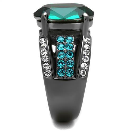 Elegant women’s stainless steel ring with synthetic emerald crystal in an oval shape and IP light black finish.