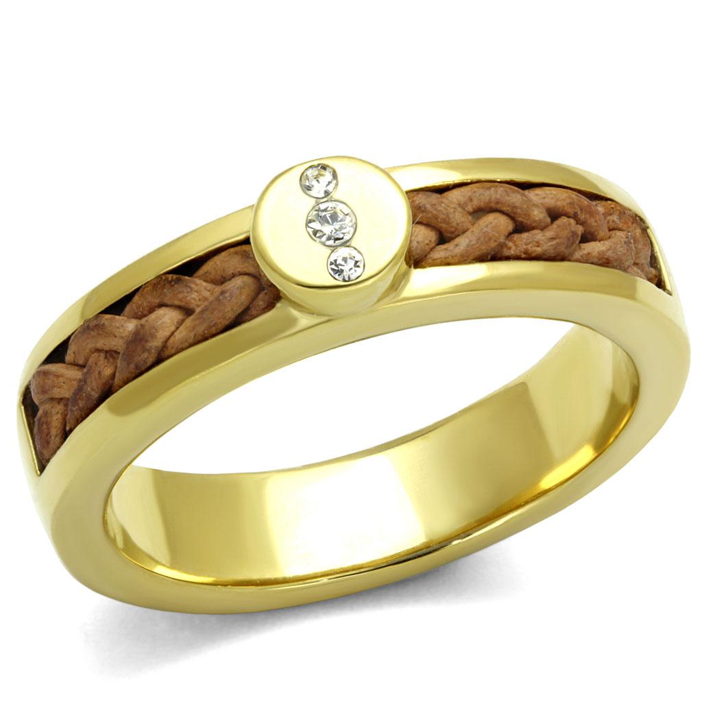 Elegant women’s stainless steel ring with synthetic crystal and IP gold plating, showcasing a clear and sparkling design.