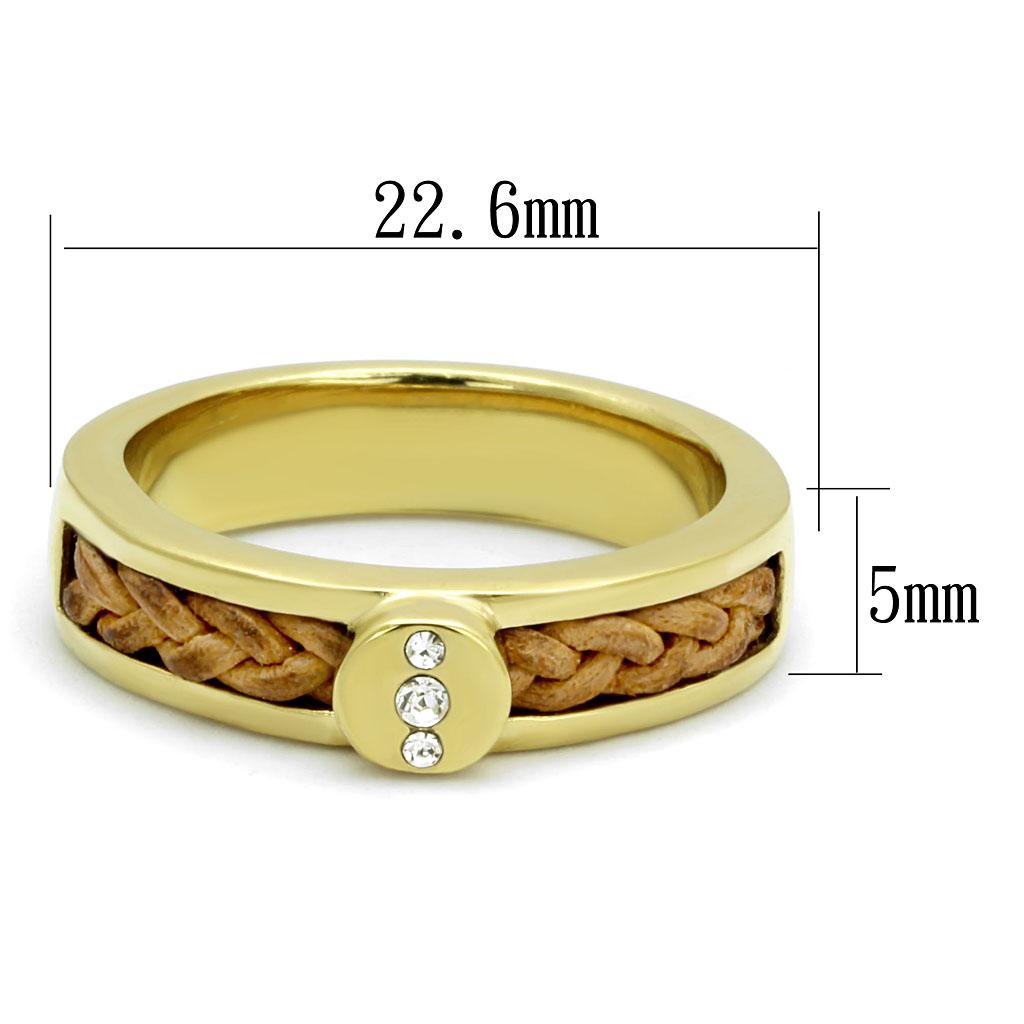 Elegant women’s stainless steel ring with synthetic crystal and IP gold plating, showcasing a clear and sparkling design.