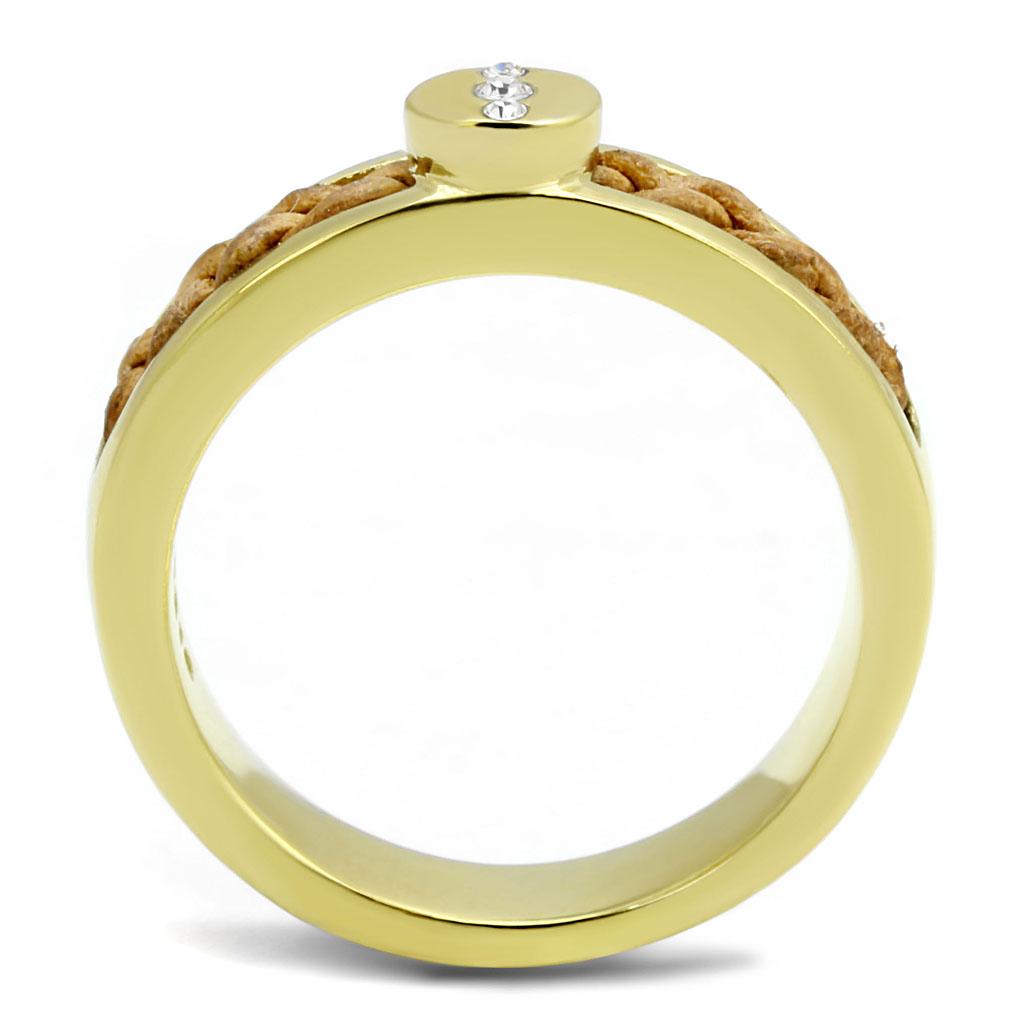 Elegant women’s stainless steel ring with synthetic crystal and IP gold plating, showcasing a clear and sparkling design.