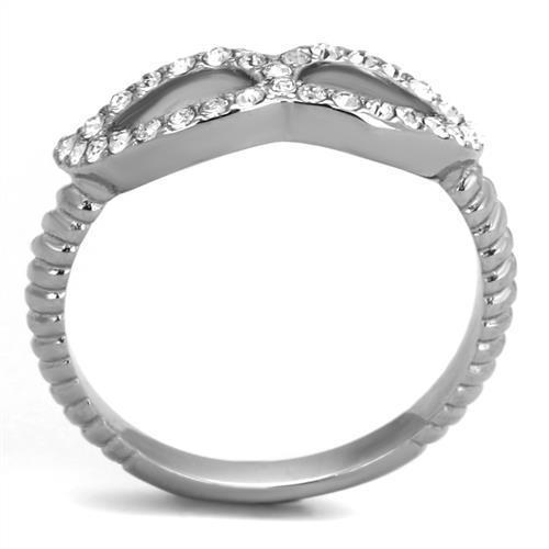 A beautiful women's stainless steel ring featuring a high-polished finish and a clear synthetic crystal centerpiece, showcasing elegance and durability.