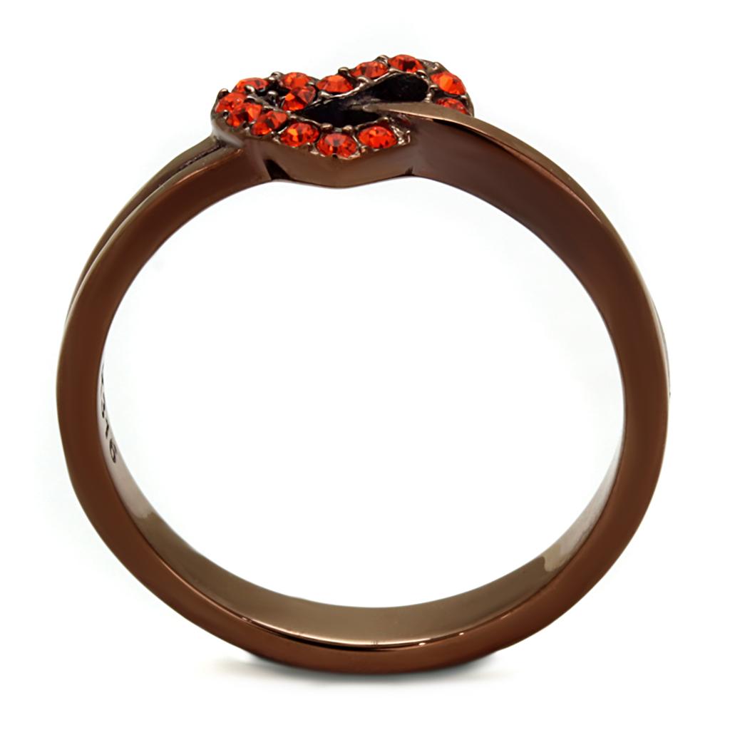 Elegant women’s stainless steel ring featuring synthetic orange crystals with an IP coffee light finish.