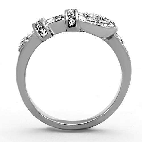 A collection of elegant women stainless steel rings featuring clear synthetic crystals, showcasing a high-polished finish.