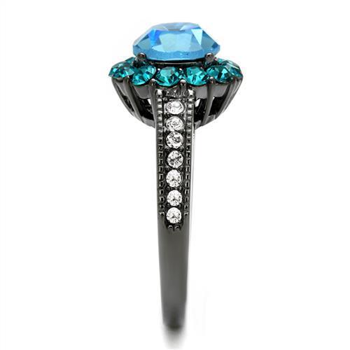 Elegant Women Stainless Steel Ring featuring a round sea blue synthetic crystal with an IP light black finish.