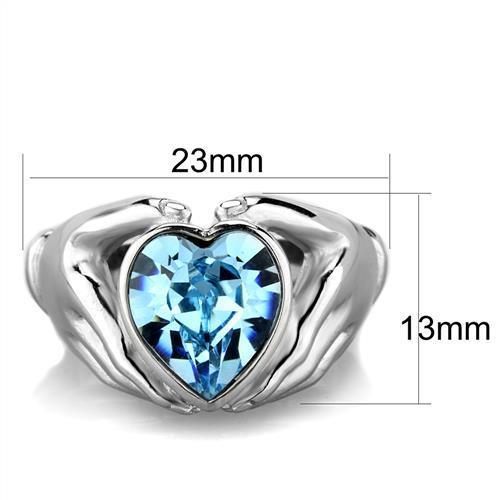 A beautiful women’s stainless steel ring featuring a high polished finish and a stunning sea blue synthetic crystal centerpiece.