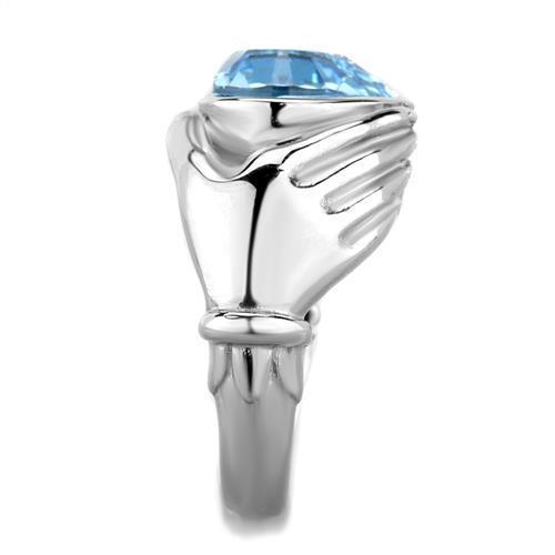 A beautiful women’s stainless steel ring featuring a high polished finish and a stunning sea blue synthetic crystal centerpiece.