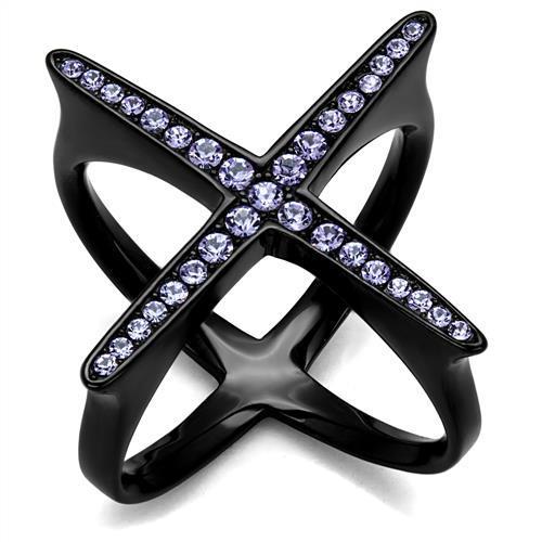 Elegant women stainless steel ring with synthetic crystal and amethyst centerpiece, featuring a sleek IP black finish.