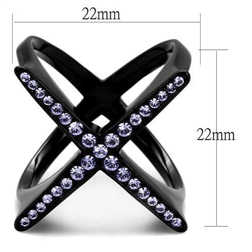 Elegant women stainless steel ring with synthetic crystal and amethyst centerpiece, featuring a sleek IP black finish.