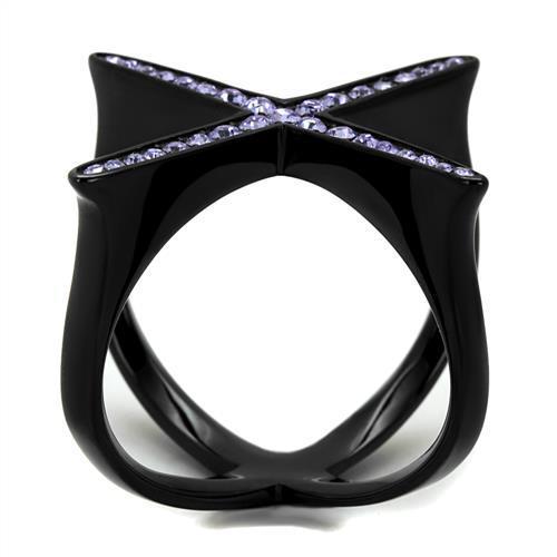 Elegant women stainless steel ring with synthetic crystal and amethyst centerpiece, featuring a sleek IP black finish.