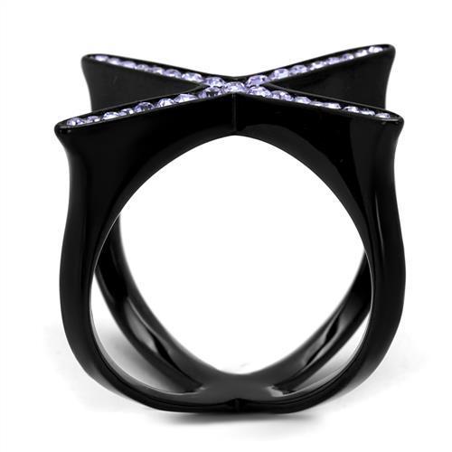 Elegant women stainless steel ring with synthetic crystal and amethyst centerpiece, featuring a sleek IP black finish.