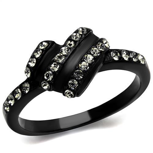 A stylish women's stainless steel ring with synthetic black diamonds and IP black ion plating, showcasing elegance and durability.