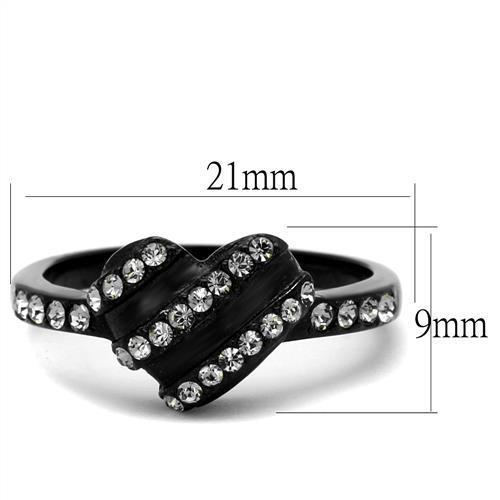 A stylish women's stainless steel ring with synthetic black diamonds and IP black ion plating, showcasing elegance and durability.