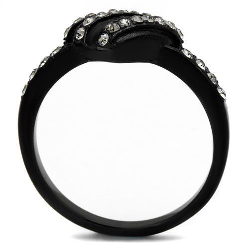 A stylish women's stainless steel ring with synthetic black diamonds and IP black ion plating, showcasing elegance and durability.