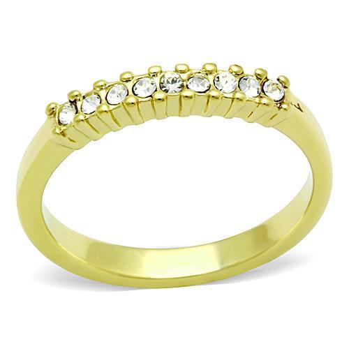 Elegant women’s stainless steel ring with synthetic crystal accents and IP gold plating, showcasing a modern design.