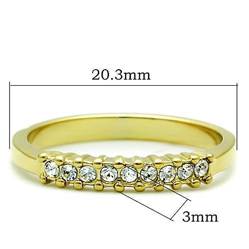 Elegant women’s stainless steel ring with synthetic crystal accents and IP gold plating, showcasing a modern design.