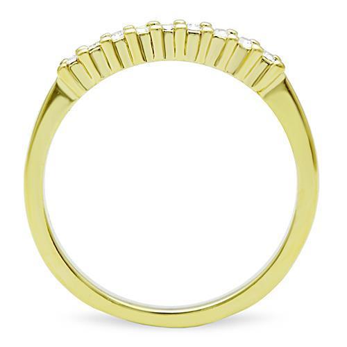 Elegant women’s stainless steel ring with synthetic crystal accents and IP gold plating, showcasing a modern design.