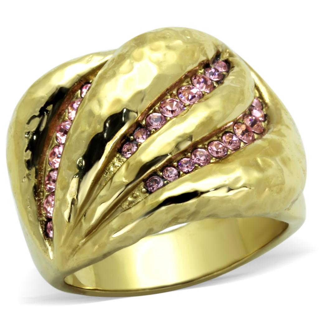 A stylish women’s stainless steel ring featuring a light rose synthetic crystal and IP gold ion plating, perfect for elegant occasions.