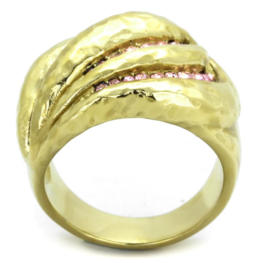 A stylish women’s stainless steel ring featuring a light rose synthetic crystal and IP gold ion plating, perfect for elegant occasions.