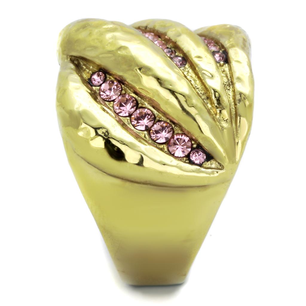 A stylish women’s stainless steel ring featuring a light rose synthetic crystal and IP gold ion plating, perfect for elegant occasions.