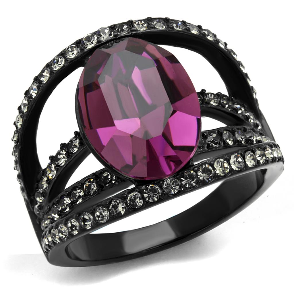 Elegant women’s stainless steel ring with synthetic crystal and amethyst color, featuring a sleek IP black finish.