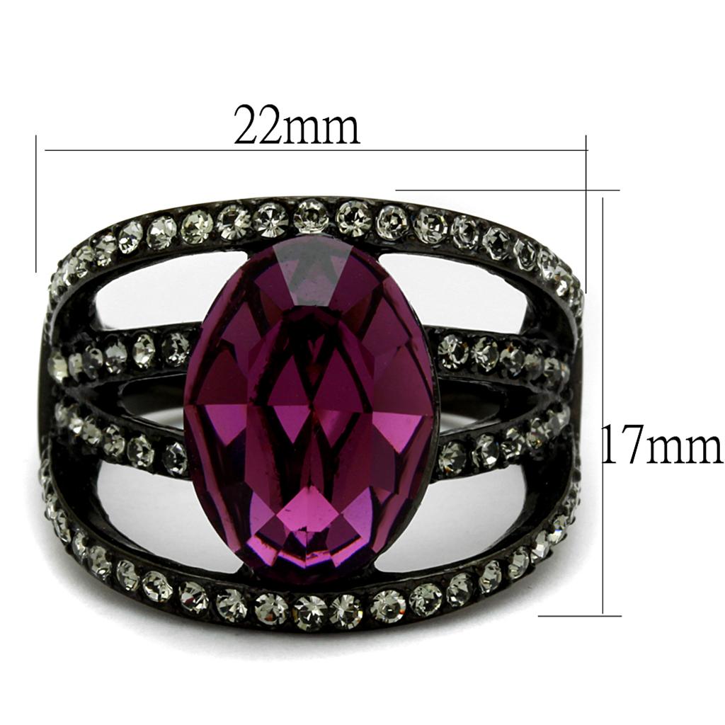 Elegant women’s stainless steel ring with synthetic crystal and amethyst color, featuring a sleek IP black finish.