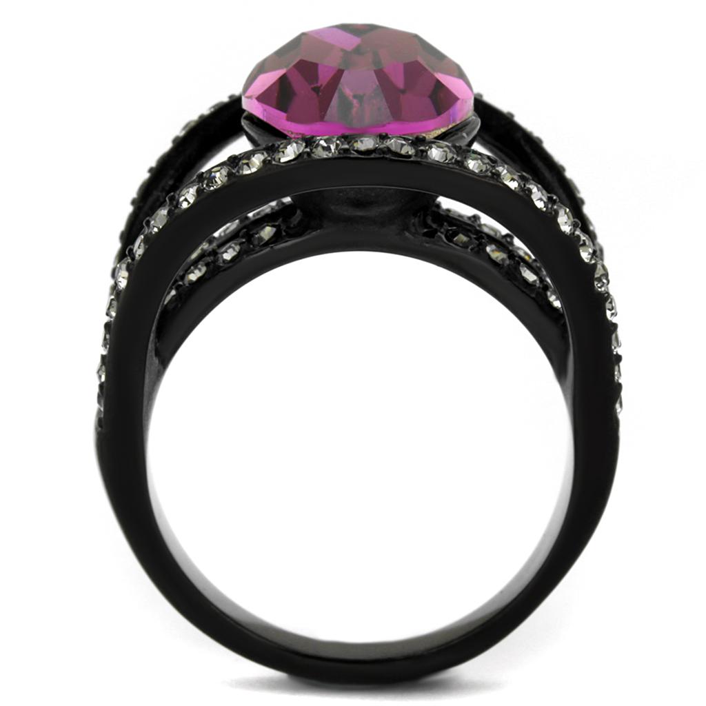 Elegant women’s stainless steel ring with synthetic crystal and amethyst color, featuring a sleek IP black finish.