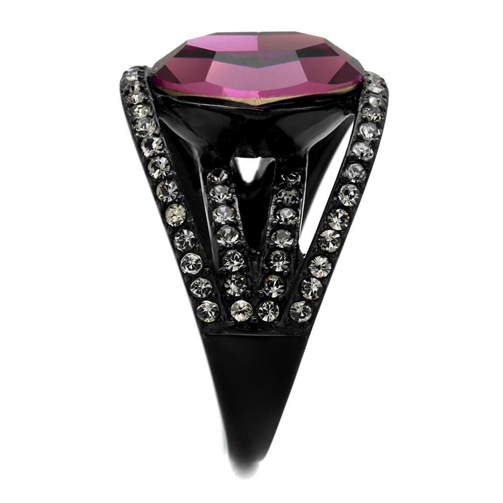 Elegant women’s stainless steel ring with synthetic crystal and amethyst color, featuring a sleek IP black finish.