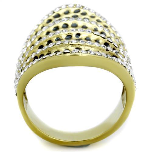 A stylish women's stainless steel ring featuring synthetic crystal and IP gold plating, showcasing elegance and durability.