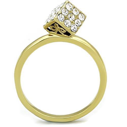 Elegant women’s stainless steel ring with synthetic crystal accents and IP gold plating.