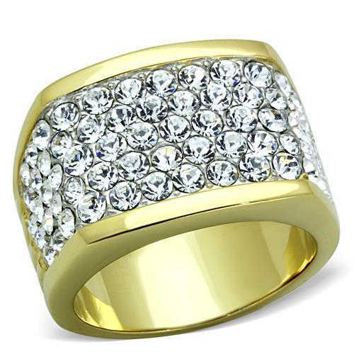 A stylish women's stainless steel ring featuring two-tone IP gold plating and clear synthetic crystals, perfect for any occasion.