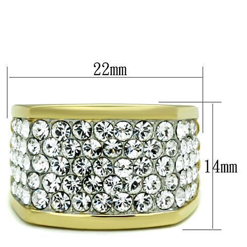 A stylish women's stainless steel ring featuring two-tone IP gold plating and clear synthetic crystals, perfect for any occasion.