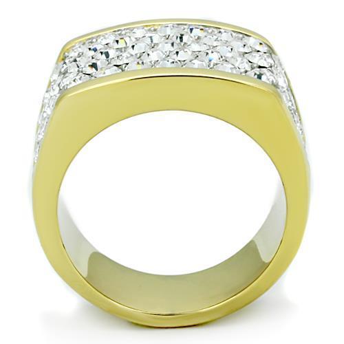 A stylish women's stainless steel ring featuring two-tone IP gold plating and clear synthetic crystals, perfect for any occasion.