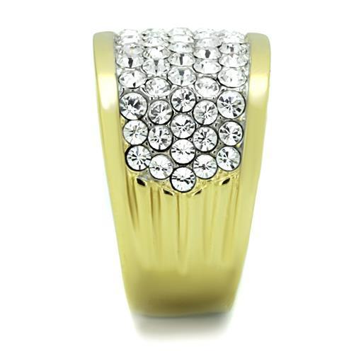 A stylish women's stainless steel ring featuring two-tone IP gold plating and clear synthetic crystals, perfect for any occasion.