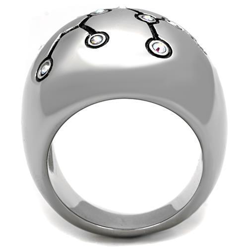 Elegant women’s ring made of high polished stainless steel with synthetic white AB crystals, showcasing a modern and stylish design.