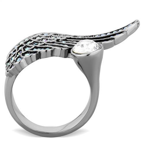 Elegant women's stainless steel ring featuring a clear synthetic crystal, showcasing a high polished finish.