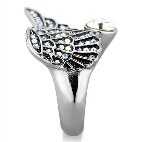 Elegant women's stainless steel ring featuring a clear synthetic crystal, showcasing a high polished finish.