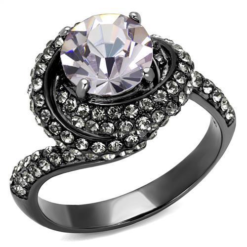 Women Stainless Steel Ring featuring a round light amethyst synthetic crystal with an IP light black finish.